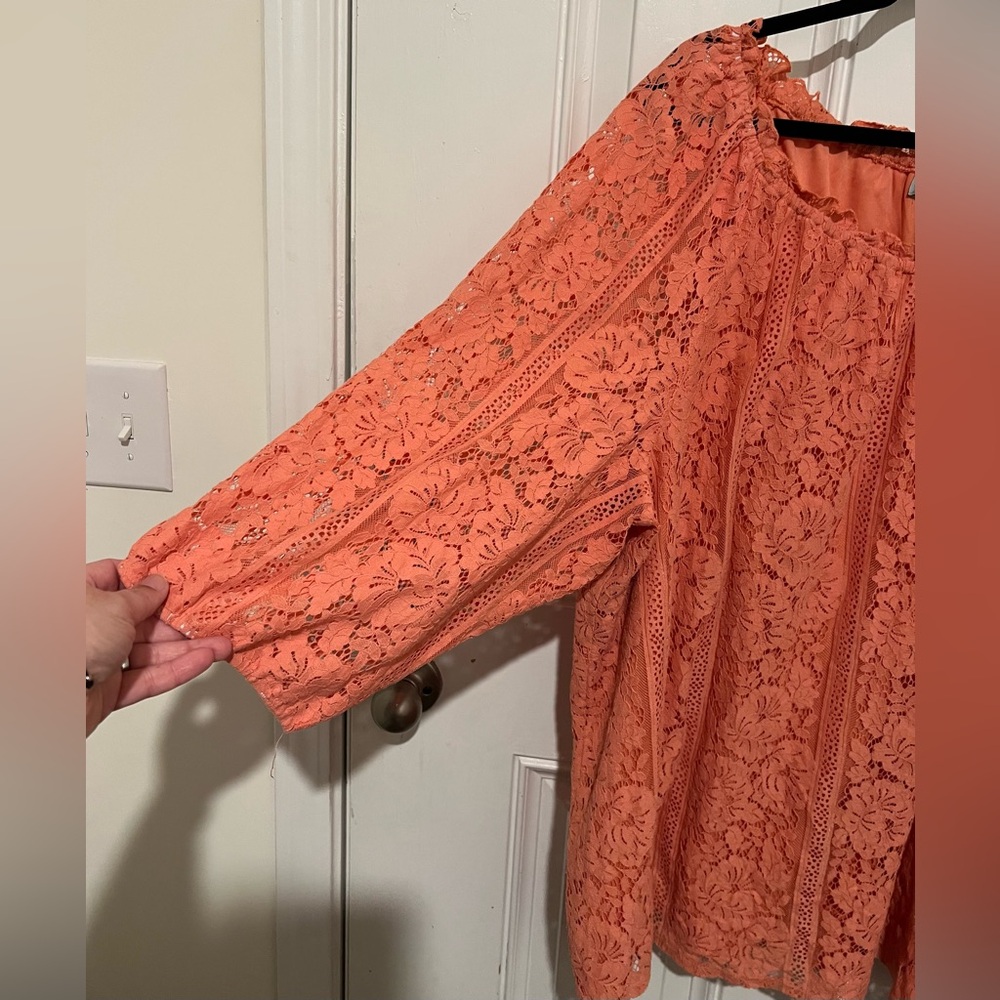 Catherine’s Classy Lace Coral Peach Bohemian Tunic Blouse Size 3X Cottagecore - Picture 5 of 9